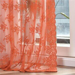 Burnt Orange Sheer Curtains 84 Inches Long 2 Panels, Country Rustic Lace Floral
